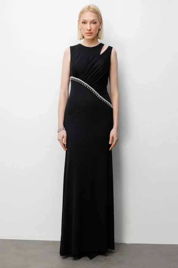 EKOL Taş İşlemeli Omzu Açık Maxi Elbise 6052