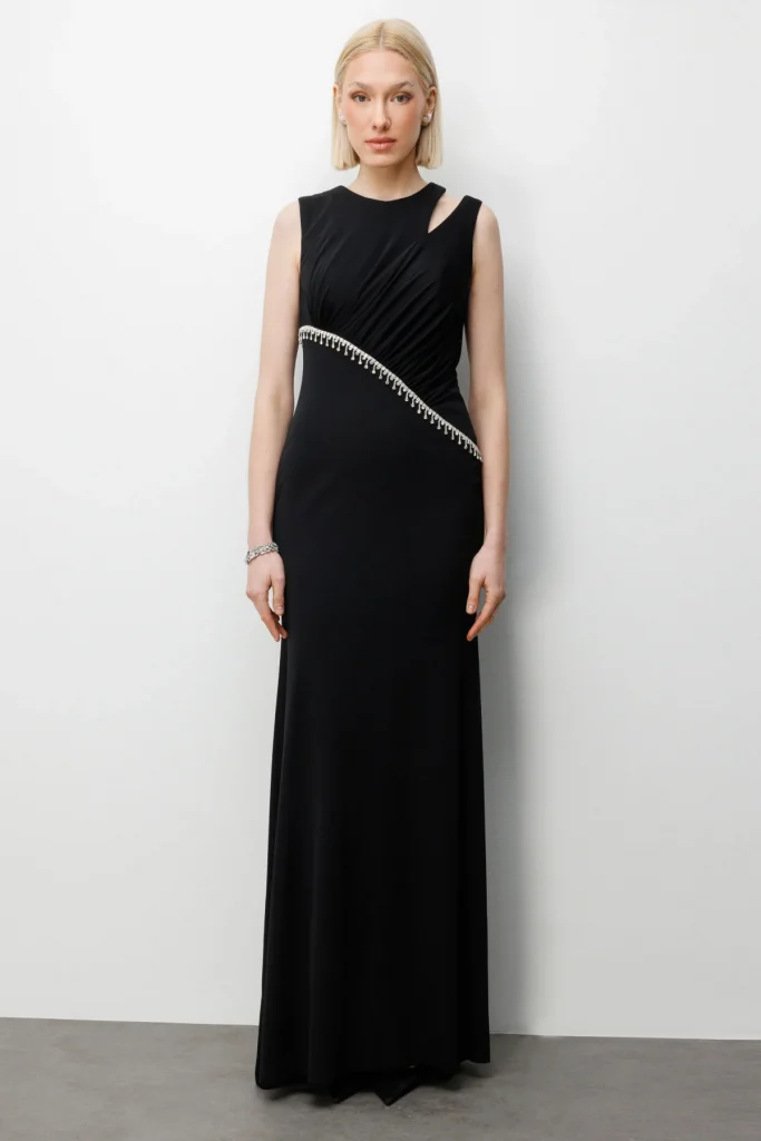 EKOL Taş İşlemeli Omzu Açık Maxi Elbise 6052