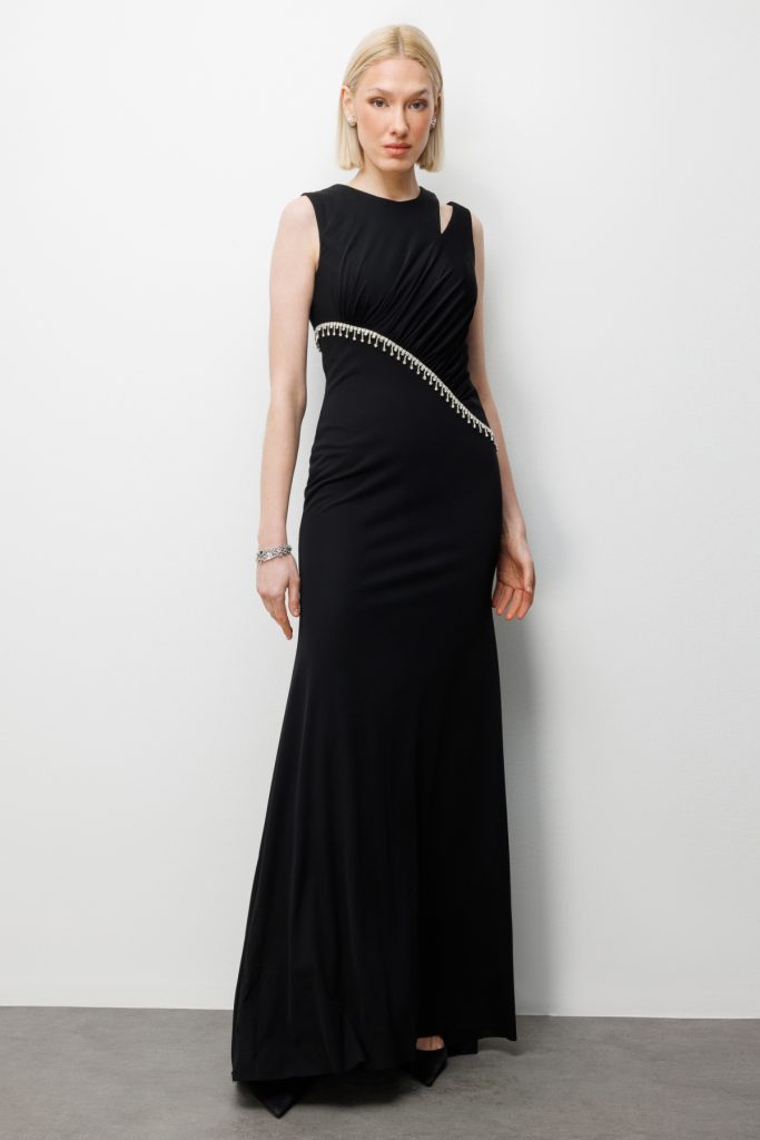 EKOL Taş İşlemeli Omzu Açık Maxi Elbise 6052