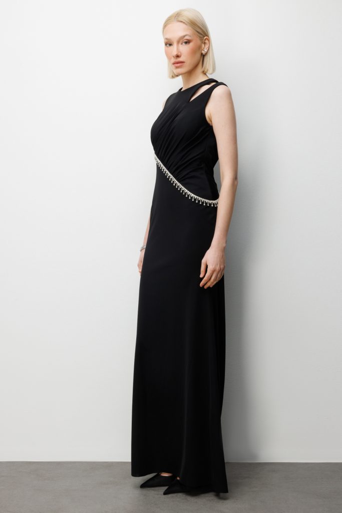 EKOL Taş İşlemeli Omzu Açık Maxi Elbise 6052