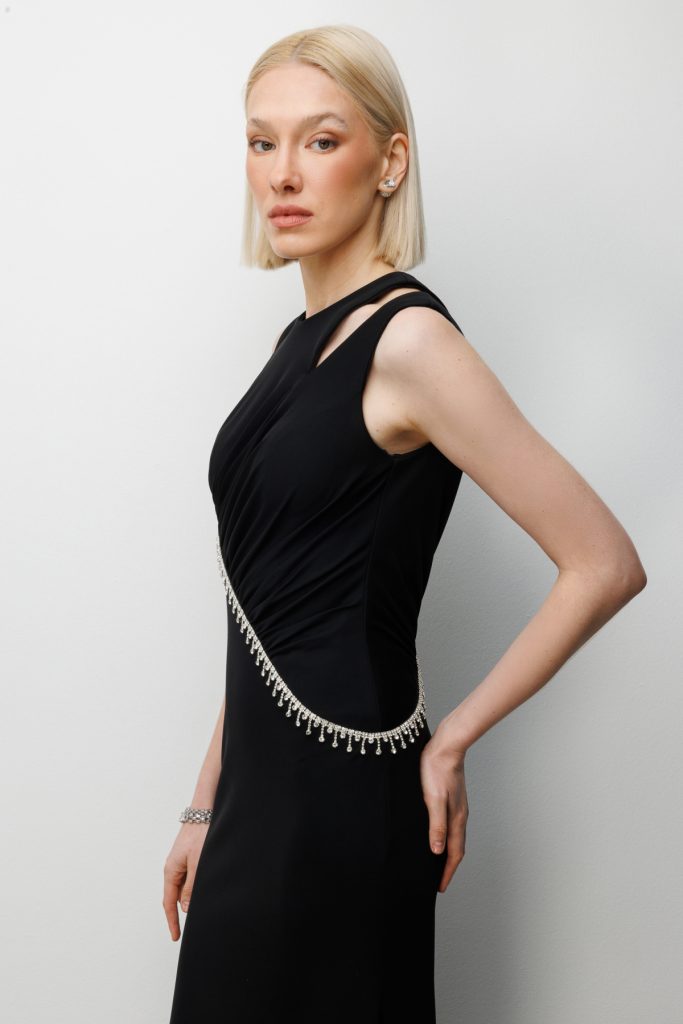 EKOL Taş İşlemeli Omzu Açık Maxi Elbise 6052