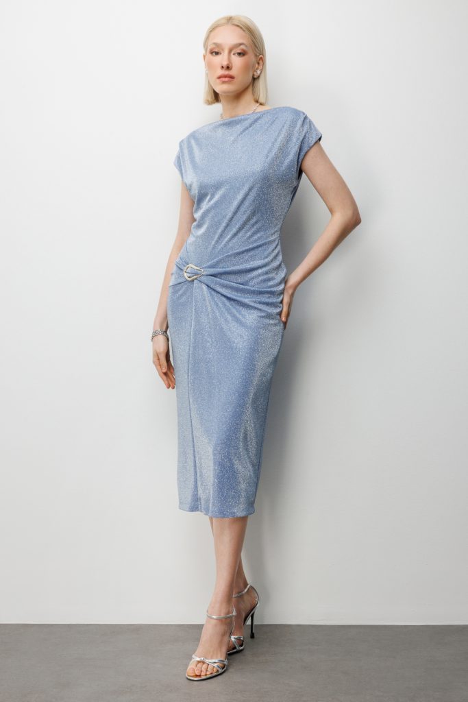 EKOL Beli Metal Aksesuarlı Simli Elbise 6072