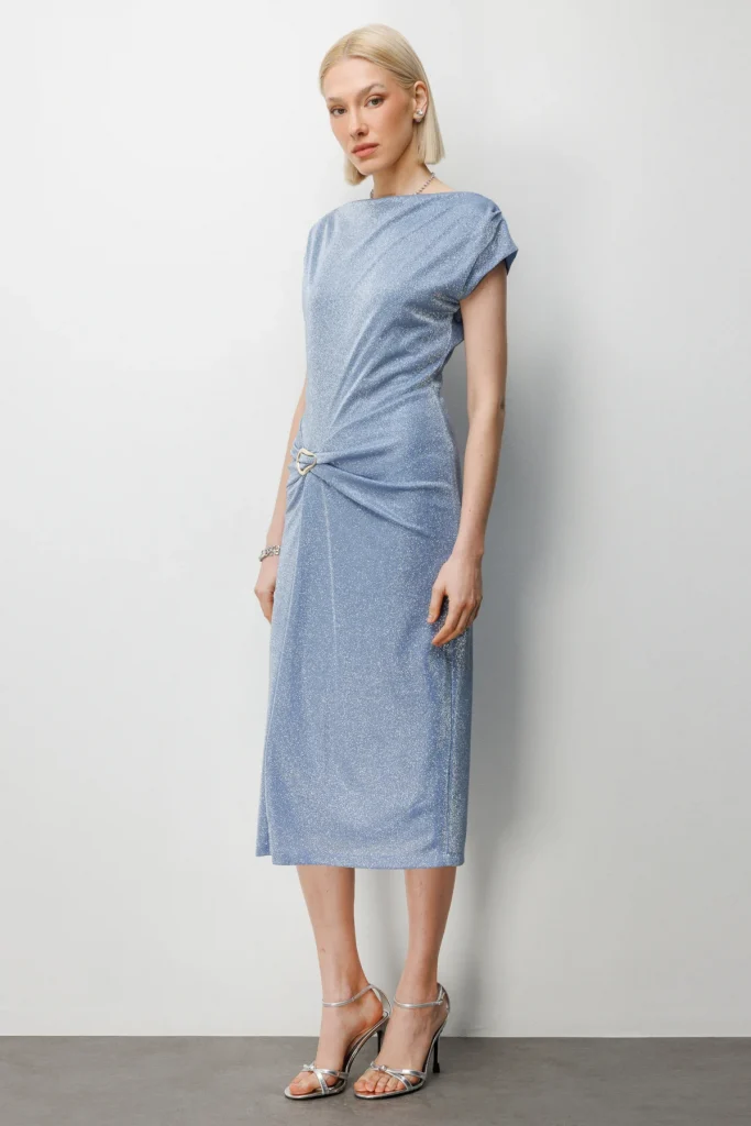 EKOL Beli Metal Aksesuarlı Simli Elbise 6072