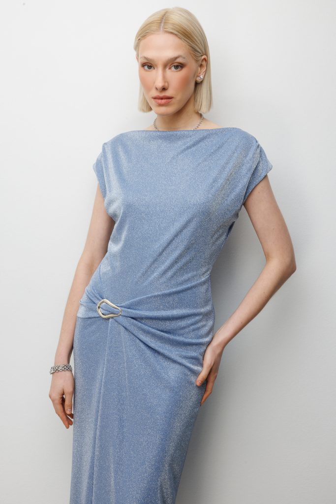 EKOL Beli Metal Aksesuarlı Simli Elbise 6072