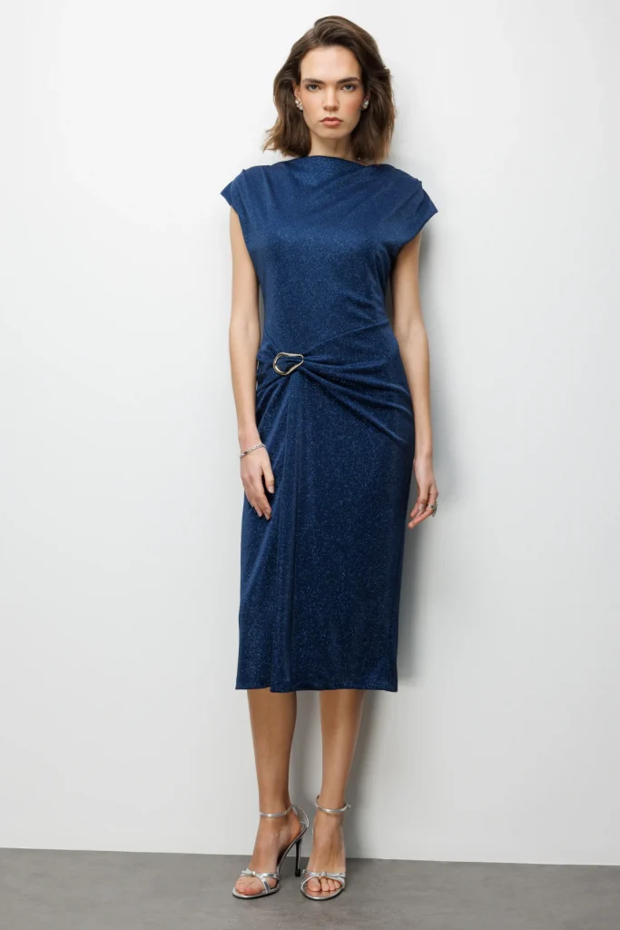 EKOL Beli Metal Aksesuarlı Simli Elbise 6072 - Lacivert