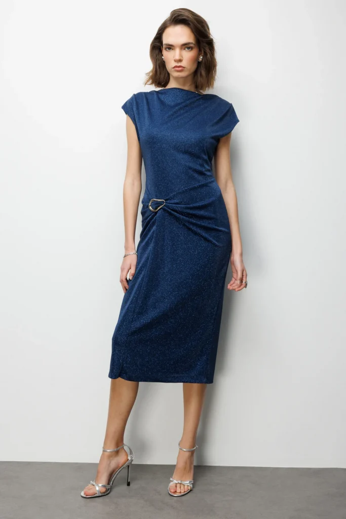 EKOL Beli Metal Aksesuarlı Simli Elbise 6072 - Lacivert