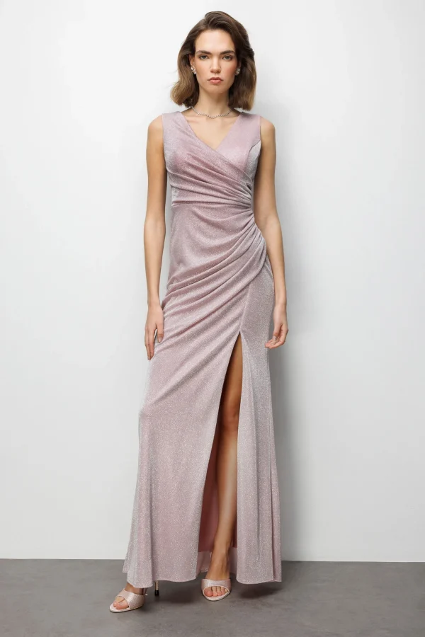 EKOL Büzgü Detaylı Yırtmaçlı Simli Elbise 6082