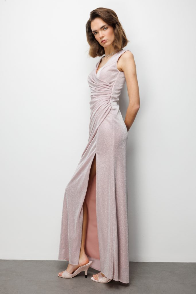 EKOL Büzgü Detaylı Yırtmaçlı Simli Elbise 6082