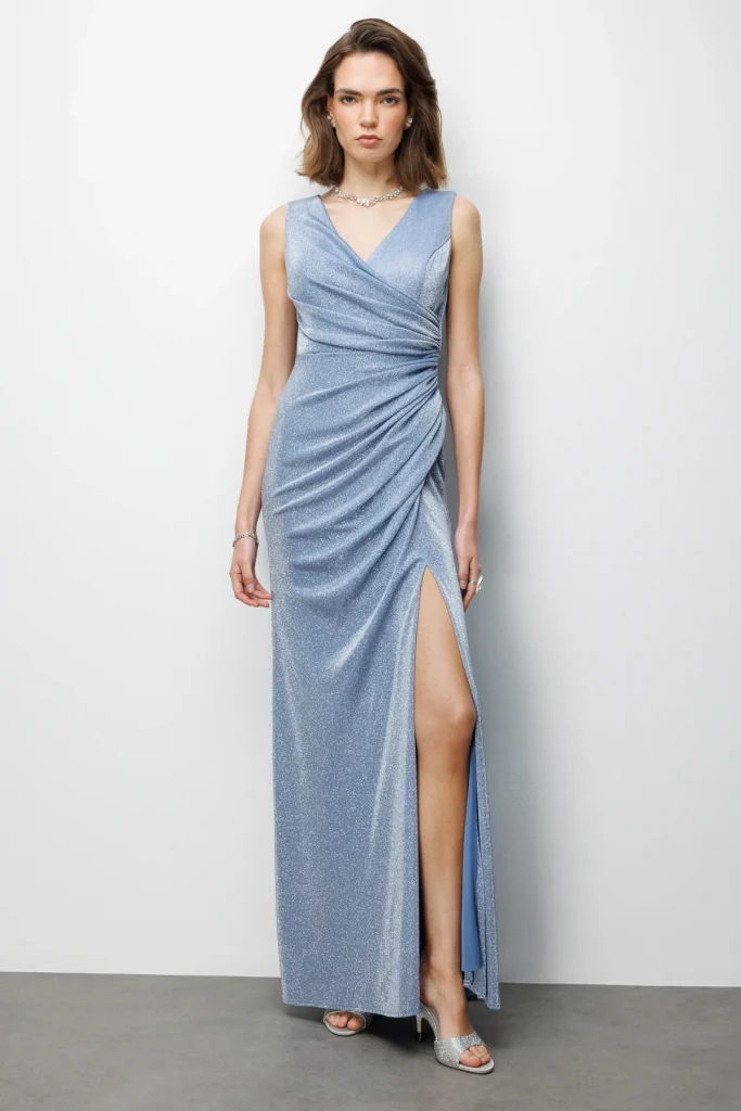 EKOL Büzgü Detaylı Yırtmaçlı Simli Elbise 6082 - İNDİGO