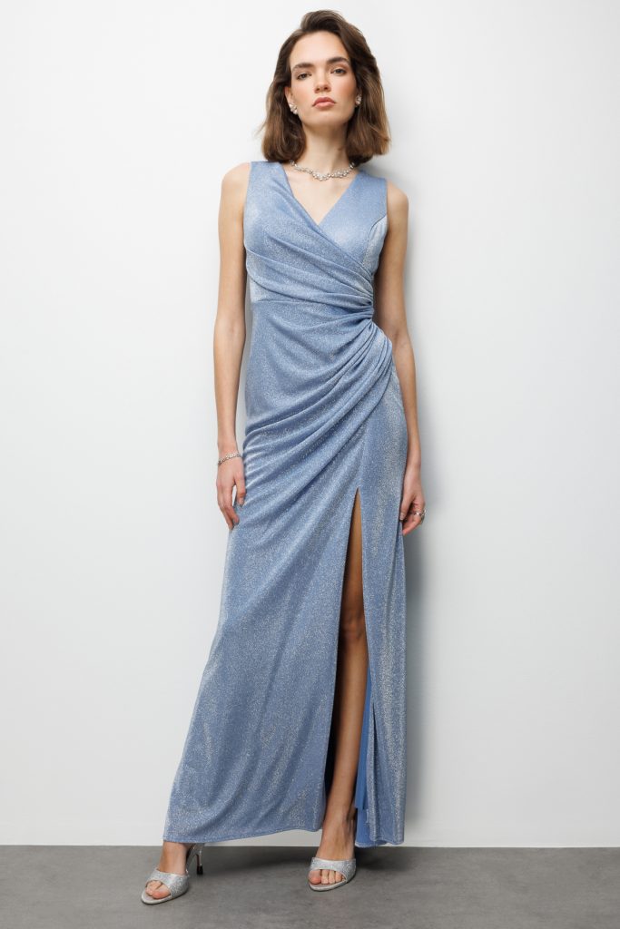 EKOL Büzgü Detaylı Yırtmaçlı Simli Elbise 6082 - İNDİGO