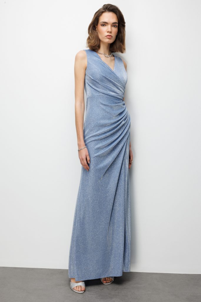 EKOL Büzgü Detaylı Yırtmaçlı Simli Elbise 6082 - İNDİGO