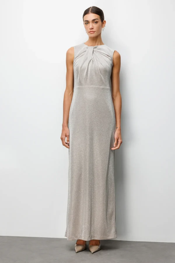 EKOL Büzgü Detaylı Sırt Dekolteli Simli Elbise 6094