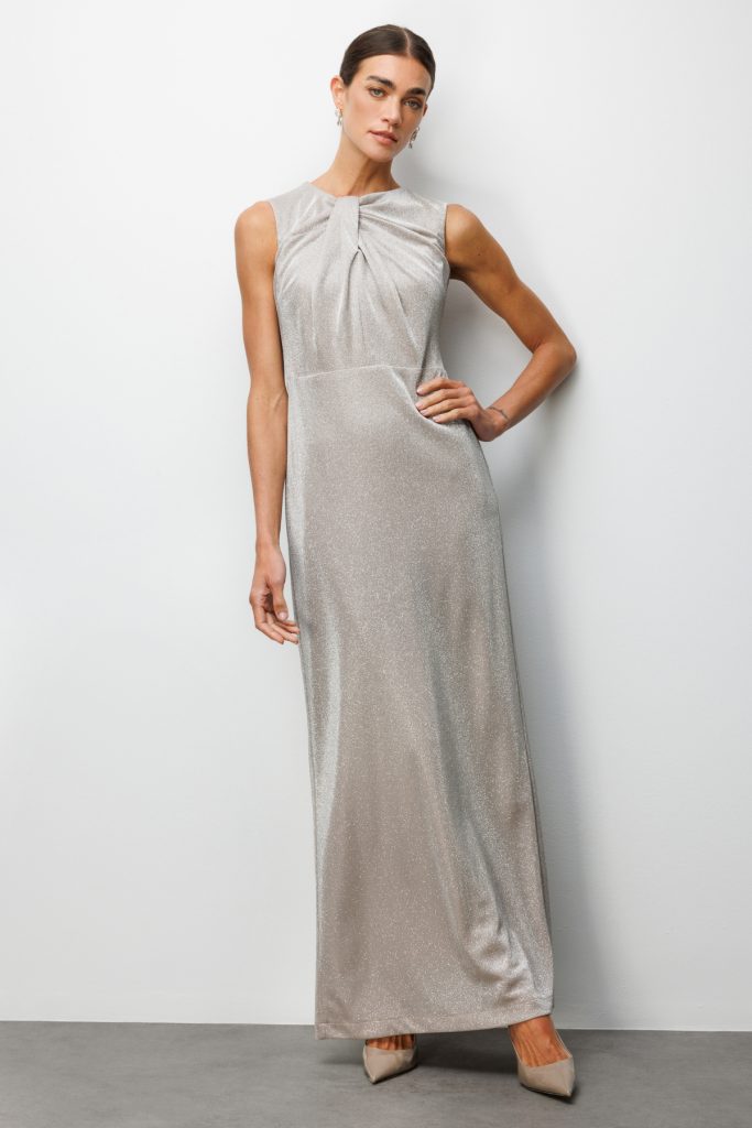 EKOL Büzgü Detaylı Sırt Dekolteli Simli Elbise 6094