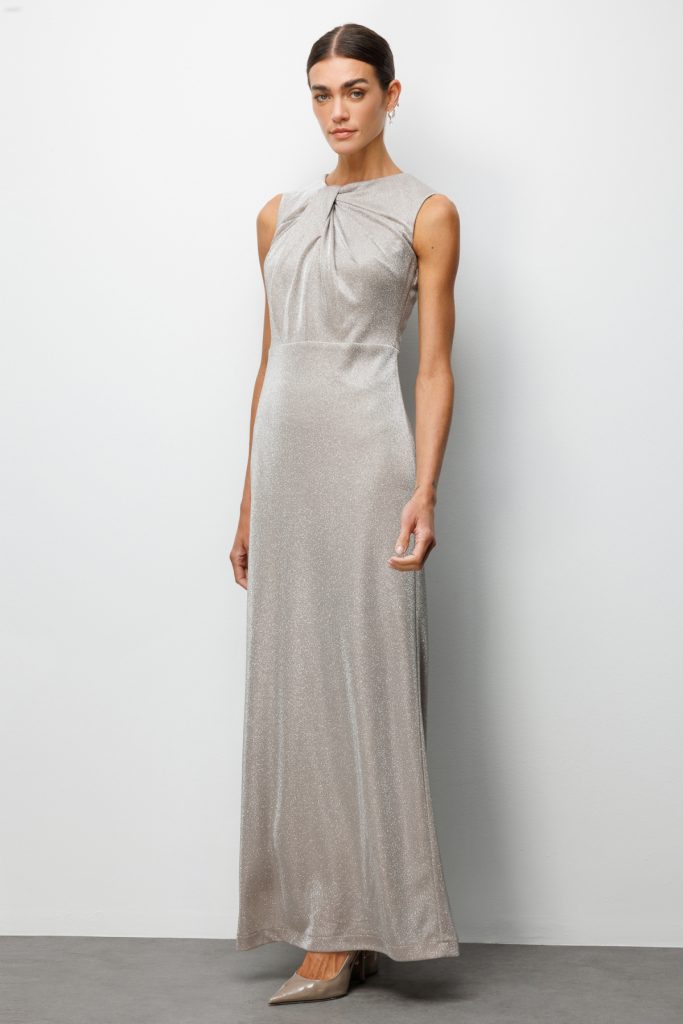 EKOL Büzgü Detaylı Sırt Dekolteli Simli Elbise 6094