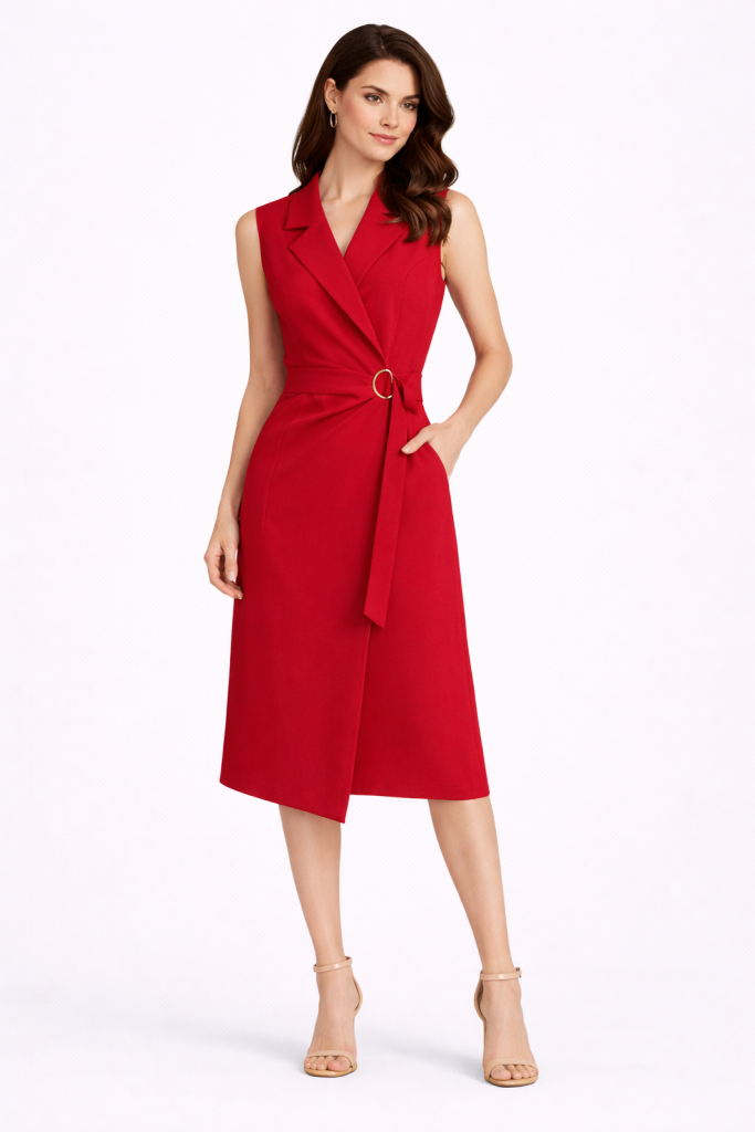 EKOL Yandan Bağlamalı Cepli Midi Boy Elbise 6134