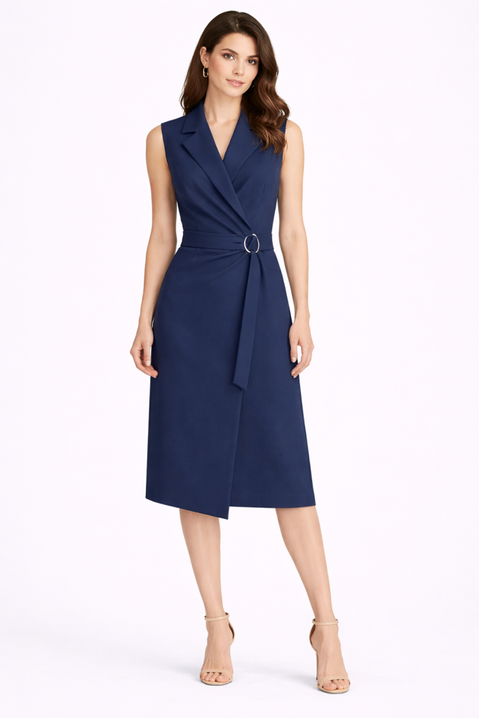 EKOL Yandan Bağlamalı Cepli Midi Boy Elbise 6134