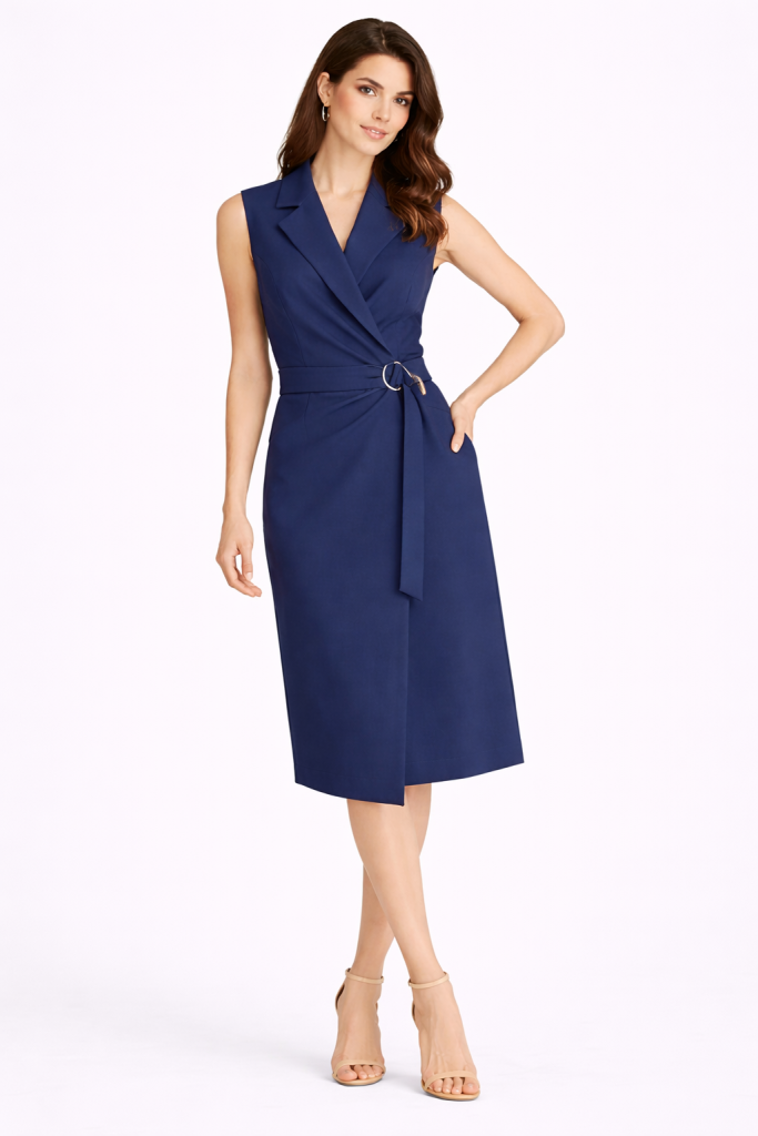 EKOL Yandan Bağlamalı Cepli Midi Boy Elbise 6134 - Lacivert