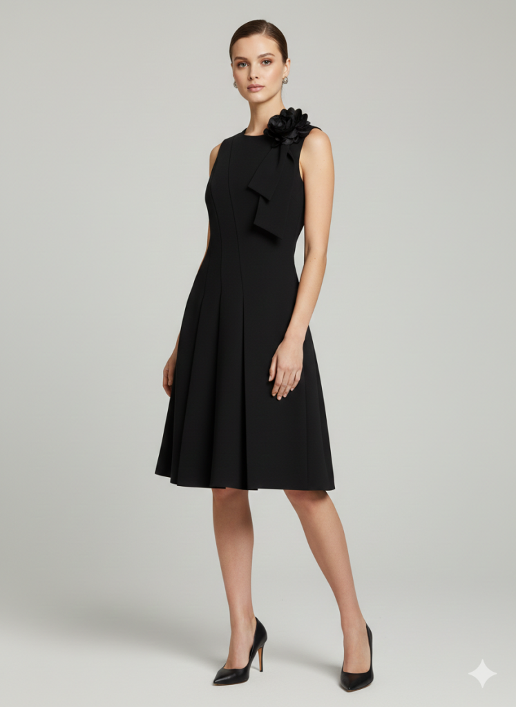 EKOL Çiçek Detaylı Pileli Elbise 6136 - Siyah