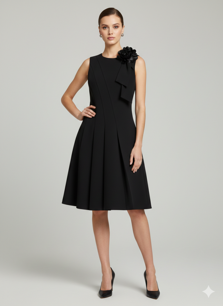 EKOL Çiçek Detaylı Pileli Elbise 6136 - Siyah