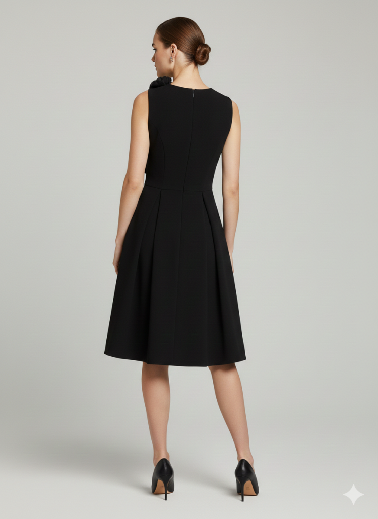 EKOL Çiçek Detaylı Pileli Elbise 6136 - Siyah