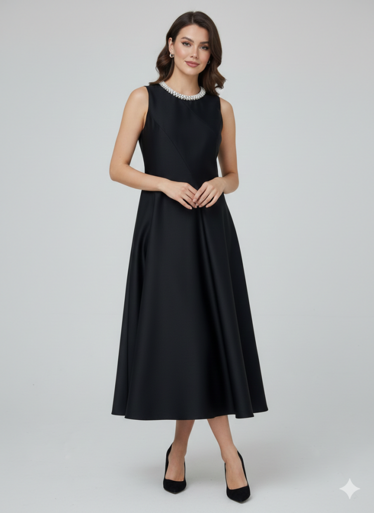 EKOL Yakası İnci Detaylı Elbise 6928 - Siyah