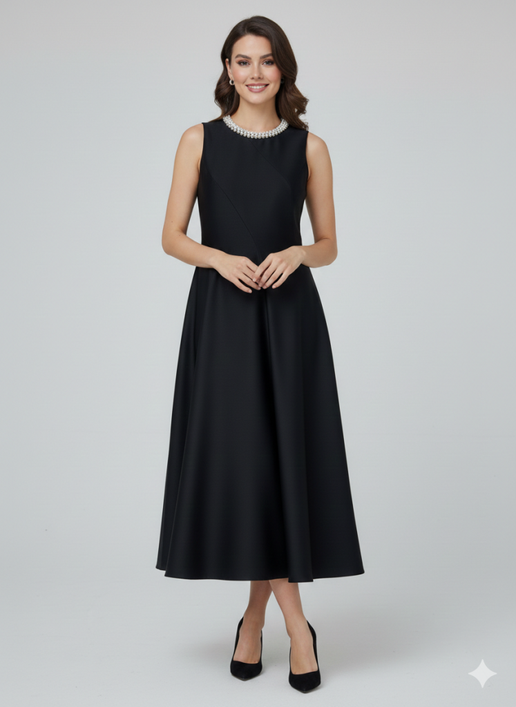 EKOL Yakası İnci Detaylı Elbise 6928 - Siyah