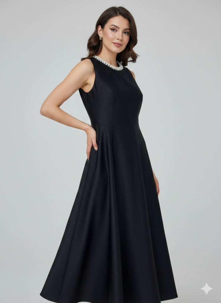 EKOL Yakası İnci Detaylı Elbise 6928 - Siyah