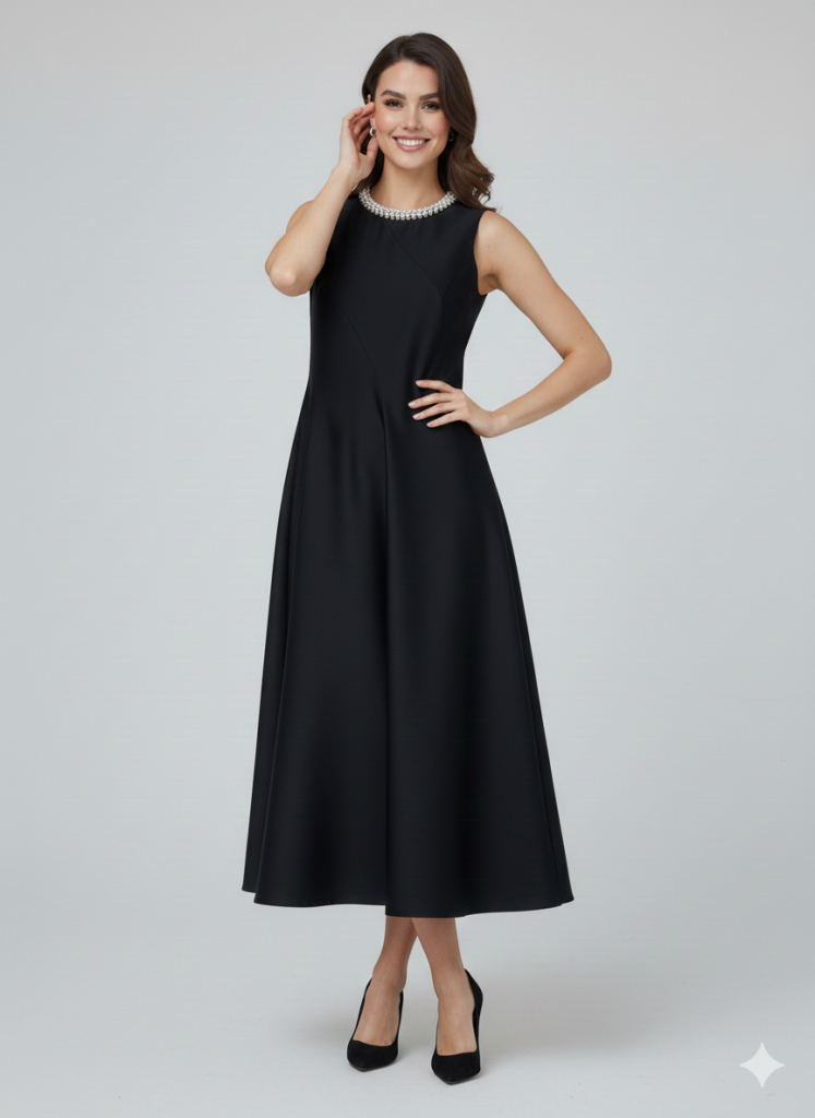 EKOL Yakası İnci Detaylı Elbise 6928 - Siyah