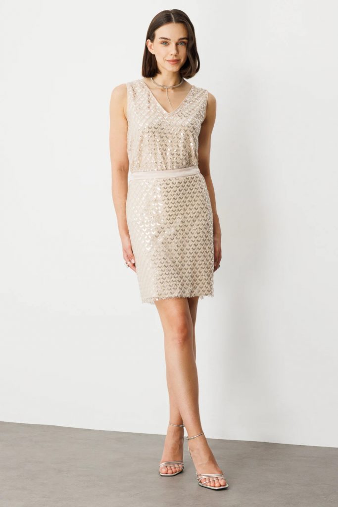 EKOL Pullu Boncuklu Mini Etek 1046 - EKRU