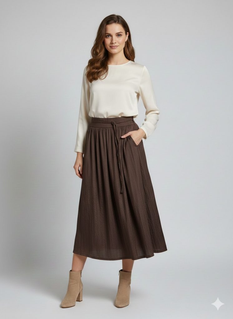 EKOL Parlak Kumaş Etek 3002 - kahve