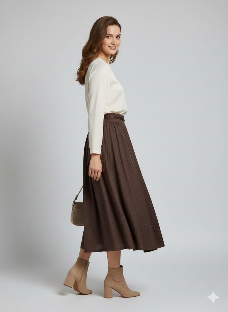 EKOL Parlak Kumaş Etek 3002 - kahve