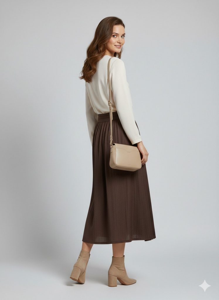 EKOL Parlak Kumaş Etek 3002 - kahve