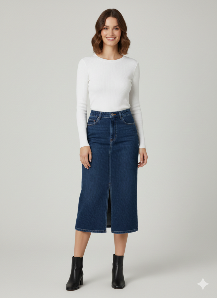 EKOL Önü Yırtmaçlı Midi Kot Etek 3042