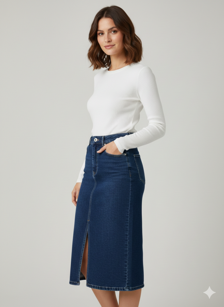 EKOL Önü Yırtmaçlı Midi Kot Etek 3042