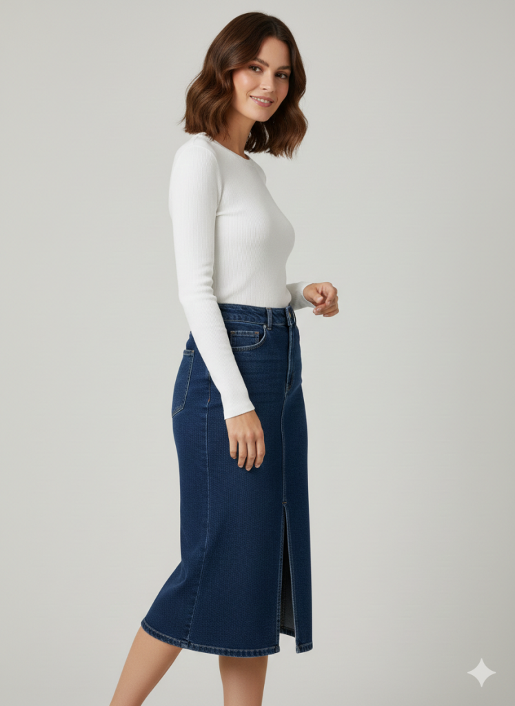 EKOL Önü Yırtmaçlı Midi Kot Etek 3042