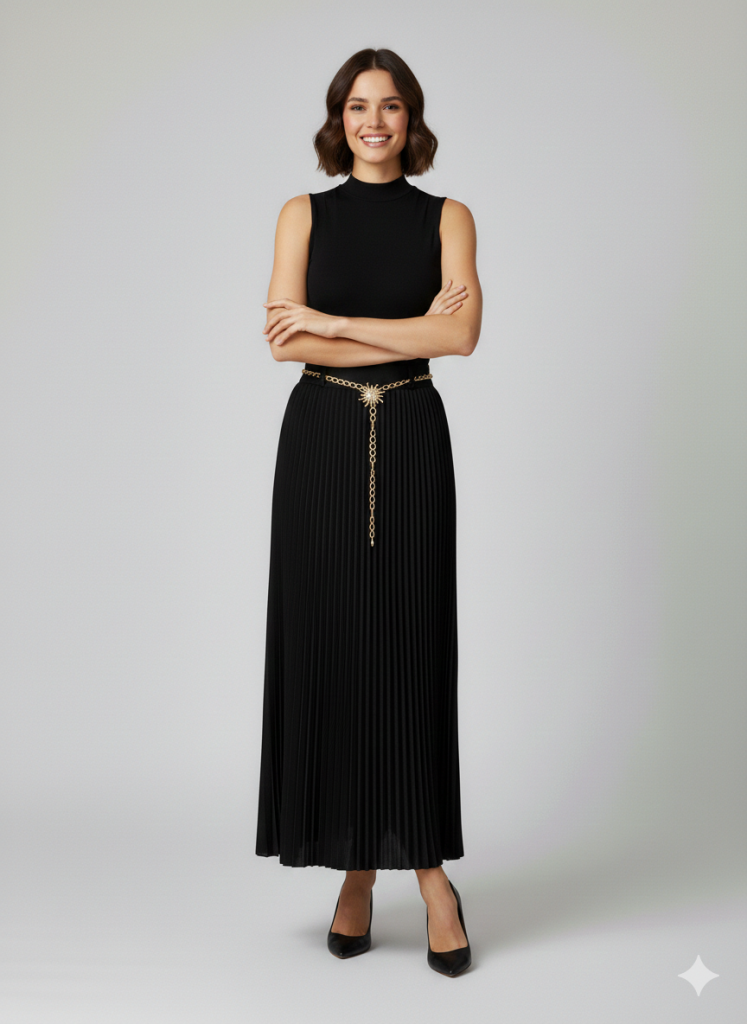 EKOL Zincir Kemerli Pileli  Etek 3046