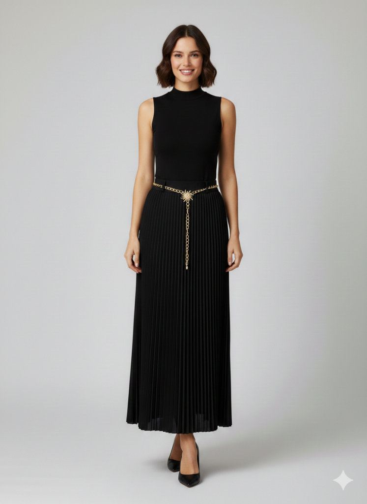 EKOL Zincir Kemerli Pileli  Etek 3046