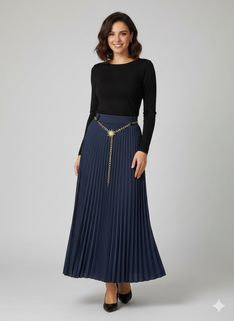 EKOL Zincir Kemerli Pileli  Etek 3046 - Lacivert