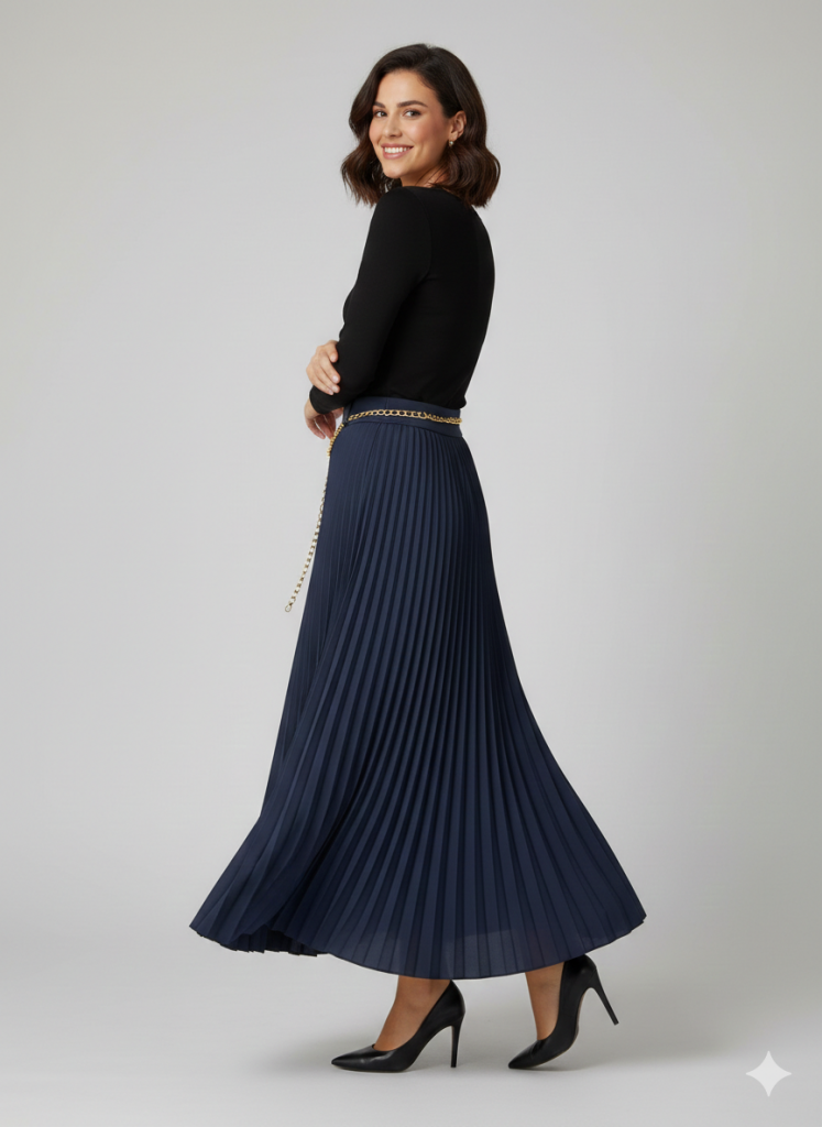 EKOL Zincir Kemerli Pileli  Etek 3046 - Lacivert