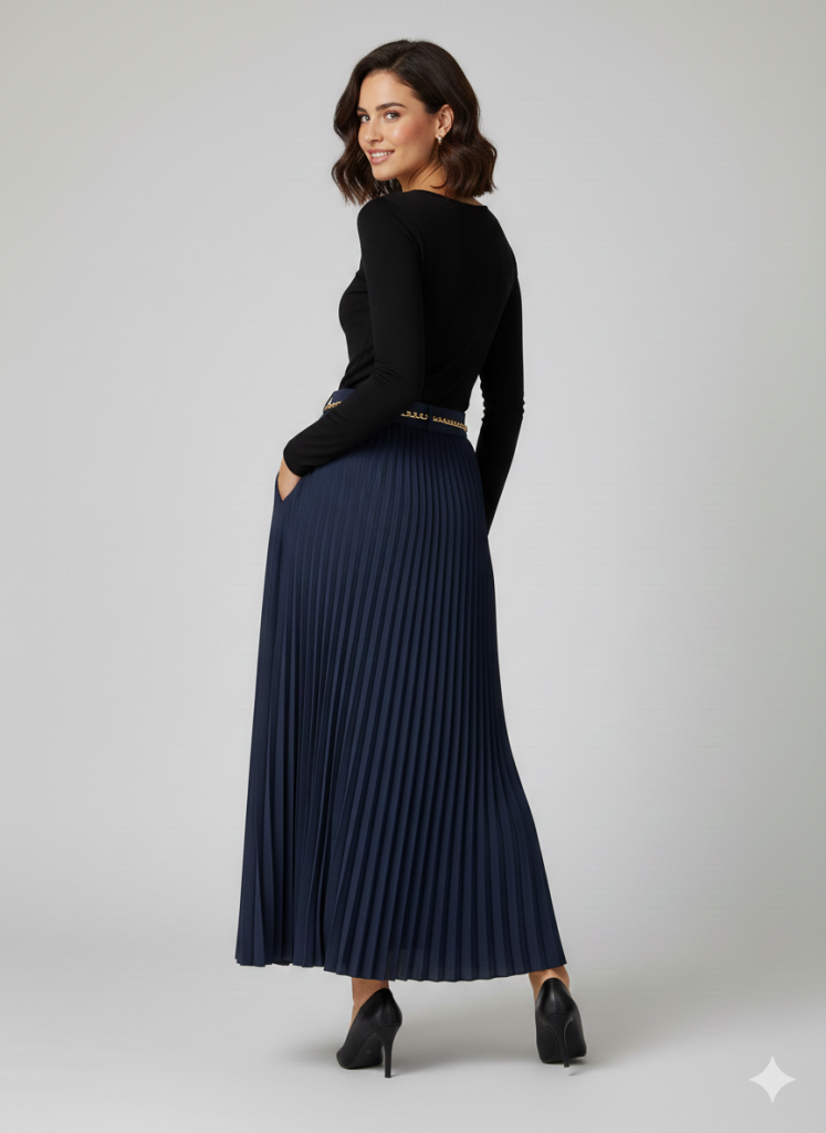 EKOL Zincir Kemerli Pileli  Etek 3046 - Lacivert