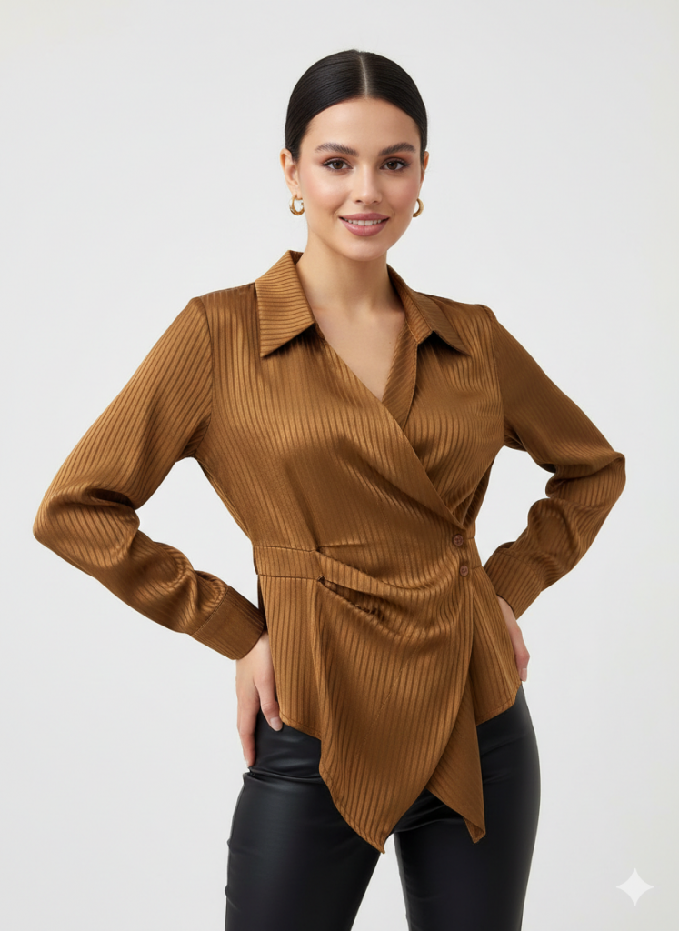 EKOL Yandan Düğmeli Uzun Kol  Bluz 2826 - kakao