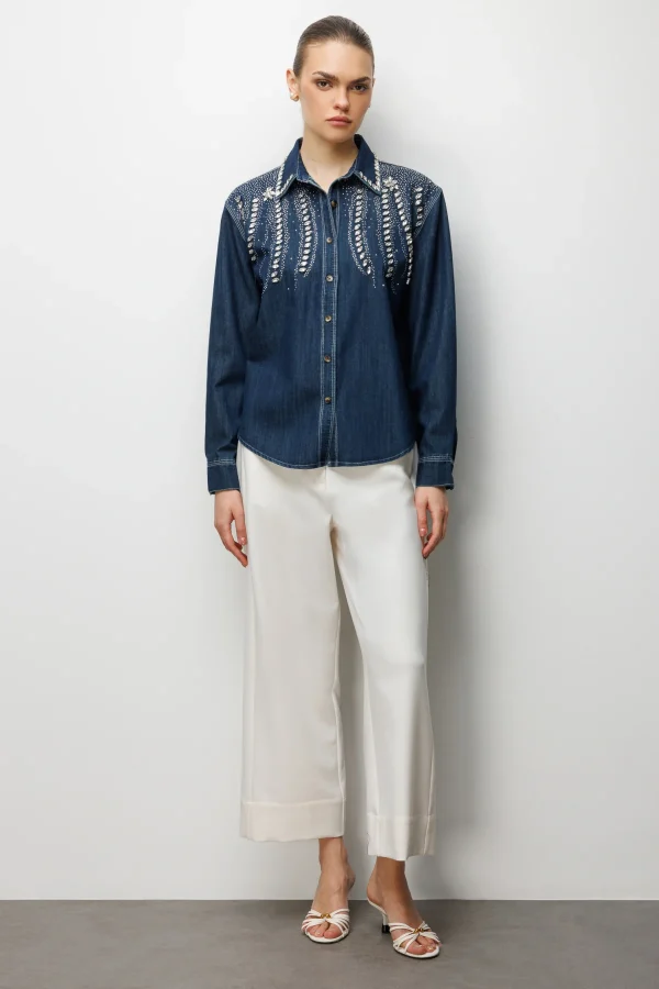 EKOL Taş İşlemeli Denim Görünümlü Gömlek 2910