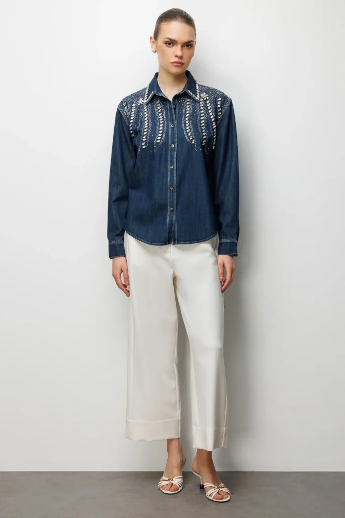 EKOL Taş İşlemeli Denim Görünümlü Gömlek 2910