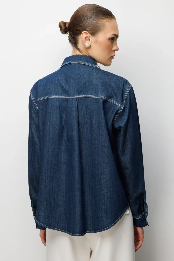 EKOL Taş İşlemeli Denim Görünümlü Gömlek 2910