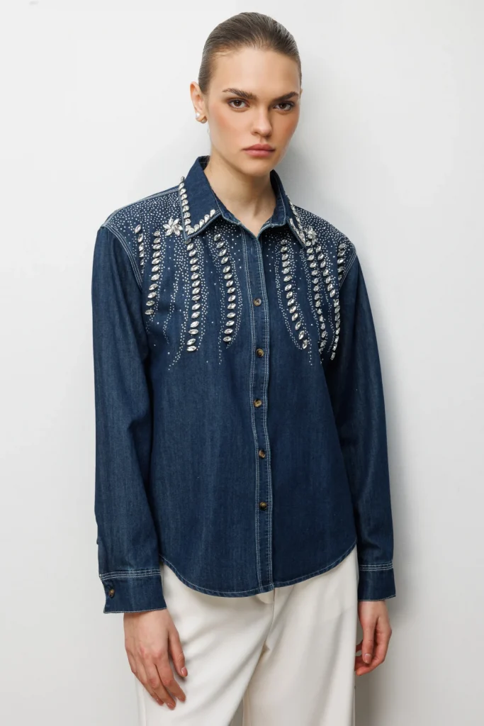 EKOL Taş İşlemeli Denim Görünümlü Gömlek 2910