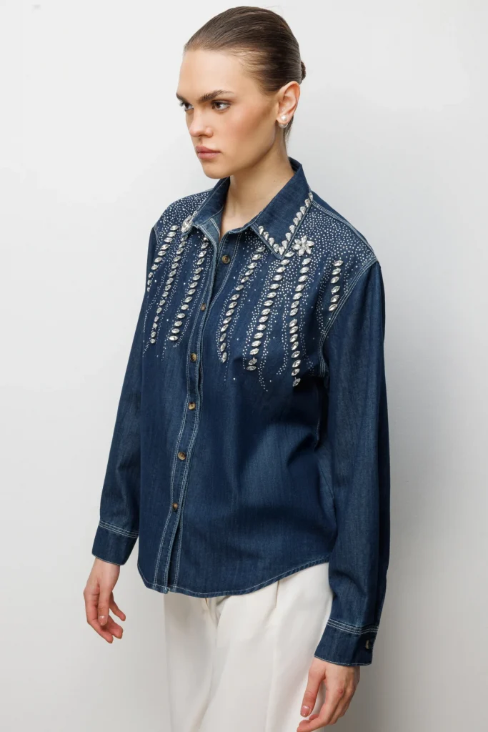EKOL Taş İşlemeli Denim Görünümlü Gömlek 2910