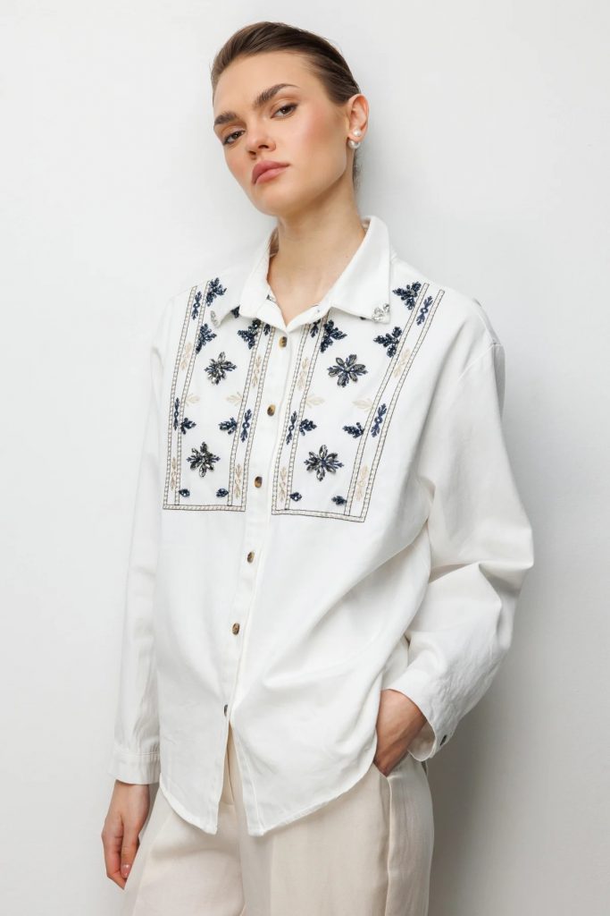 EKOL Taşlı Desen İşlemeli Gömlek 2914