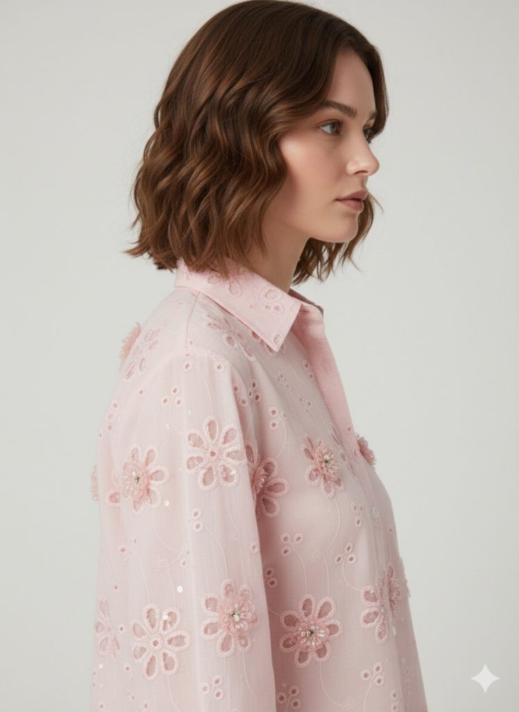 EKOL Çiçek Nakışlı Gömlek 2916 - pembe