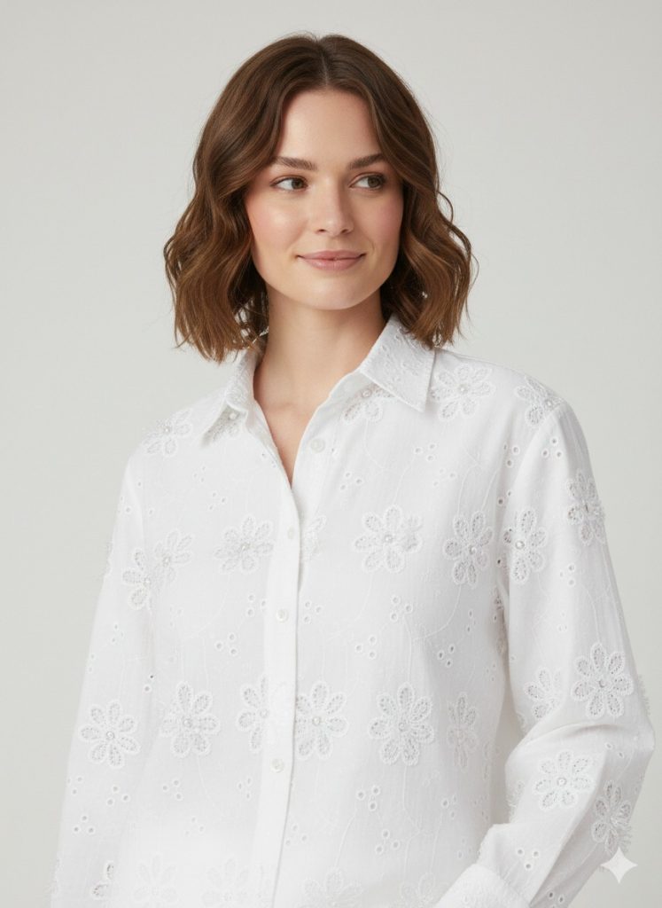 EKOL Çiçek Nakışlı Gömlek 2916 - Beyaz