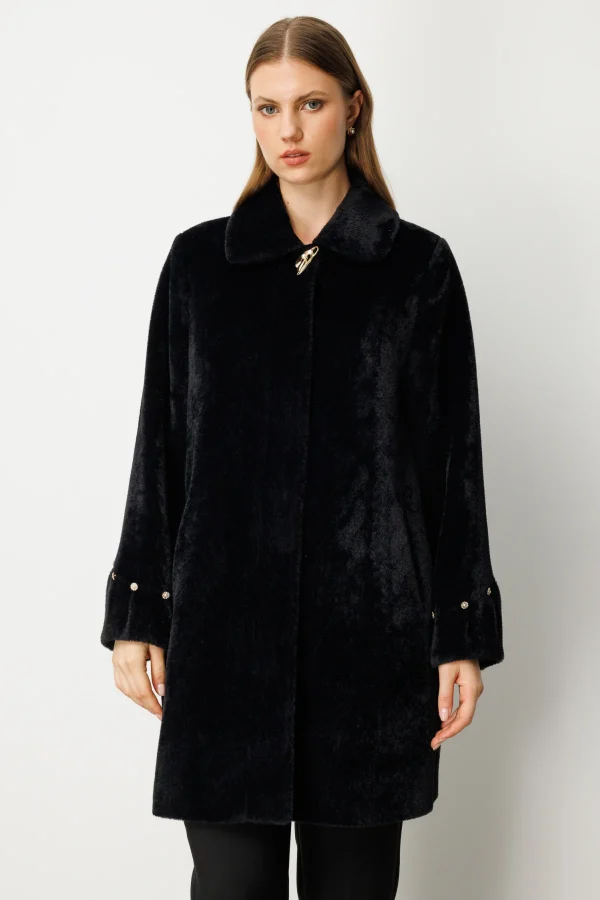 EKOL Büyük Beden Metal Broşlu Peluş Kadın Kaban 6331